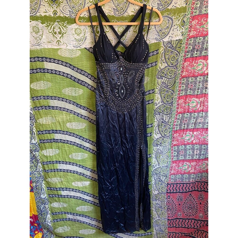 RARE Y2K Sue Wong Nocturne Black Old Hollywood Whimsigoth Silk Beaded Gown 6 - Picture 2 of 16